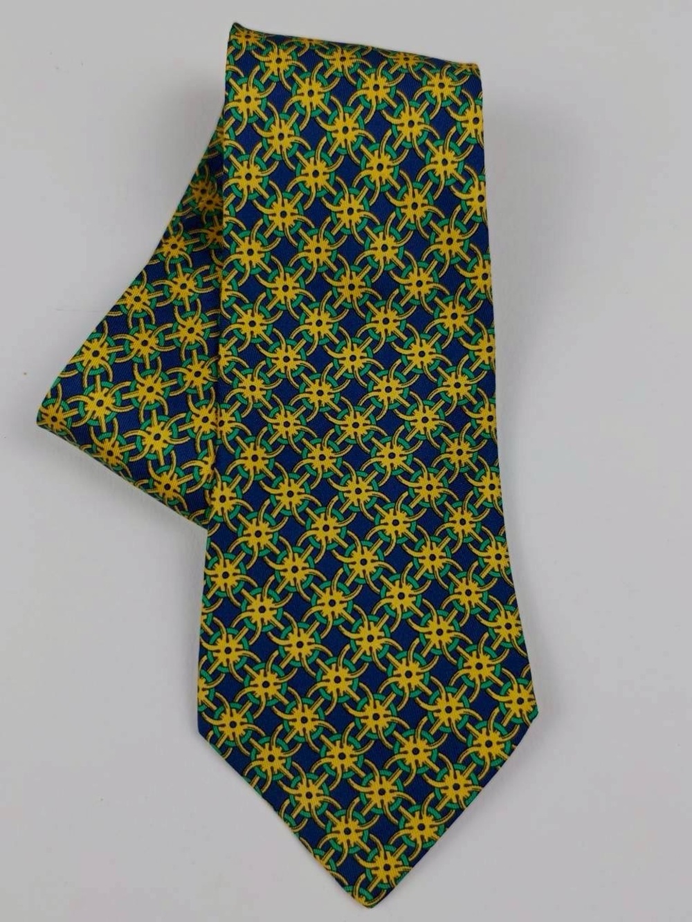 Hermes Green and Yellow Interlocking Pattern Silk Tie